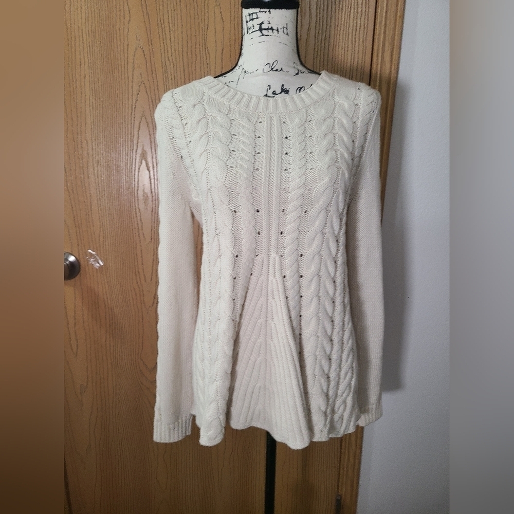 Cabi Lace Up Back Chiffon Insert Cable Knit Cream Sweater - Picture 2 of 3